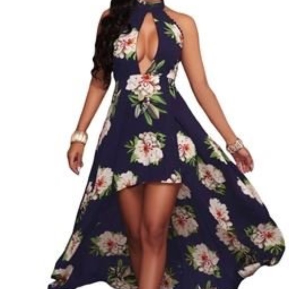 Dresses & Skirts - NAVY BLUE FLORAL PRINT HIGH-LOW MAXI DRESS